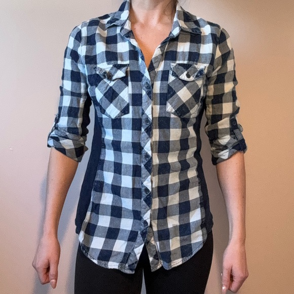 Blue Plaid Button Down Blouse - Picture 6 of 7